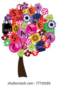vector sale tree with shopping bags and flowers