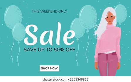 Vector Sale web banner with woman and balloons.