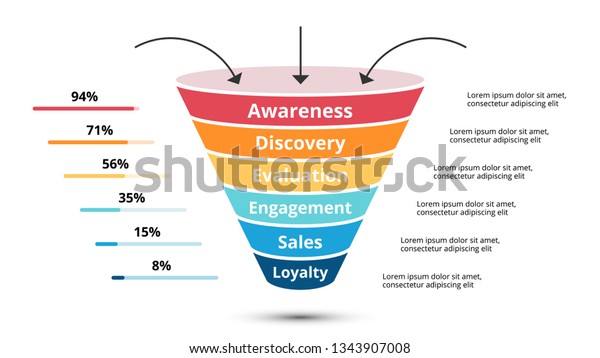 Vector sales funnel with arrows for
marketing and startup business. Infographic template. Can be used
for presentation slide. 6 steps, parts,
options.