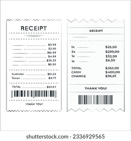 Vector sales printed receipt. Bill atm template, cafe or restaurant paper financial check Realistic vector illustration. Realistic paper shop receipt with barcode. shop terminal. 2162