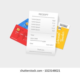 Vector sales printed receipt with credit card, discount coupon. Bill atm template, cafe or restaurant paper, financial check. Vector illustration