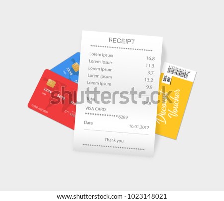 Vector sales printed receipt with credit card, discount coupon. Bill atm template, cafe or restaurant paper, financial check. Vector illustration
