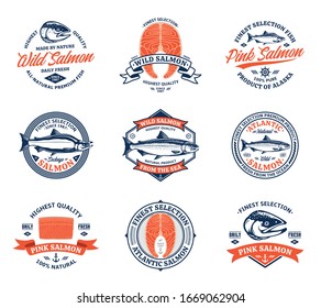 Vector salmon blue and orange logo on a white background. Salmon fish illustrations, raw steaks and fillet. Modern style seafood labels or groceries, fisheries, packaging and advertising