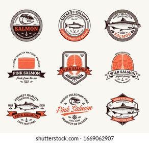 Vector salmon brown and orange logo on a beige background. Salmon fish illustrations, raw steaks and fillet. Modern style seafood labels