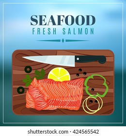 Vector. Salmon fillets, fish, trout with vegetables, lemon and herbs