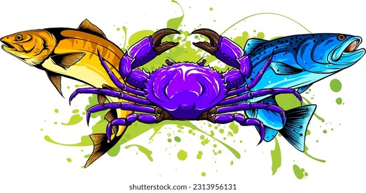 vector Salmon fish and crab. Hand drawn illustration.