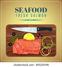 Vector. Salmon fish fillets, trout with vegetables, lemon and herbs
