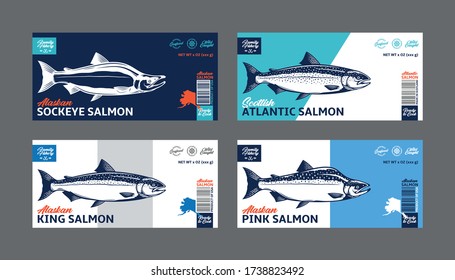 Vector salmon horizontal labels. Atlantic, chinook, sockeye, and pink salmon fish illustrations. Seafood labels for groceries, fisheries, packaging, and advertising