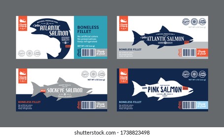 Vector salmon horizontal labels. Atlantic, sockeye, and pink salmon fish silhouettes. Modern style seafood labels