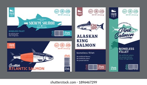 Vector salmon horizontal and vertical labels. Atlantic, chinook, sockeye and pink salmon fish illustrations. Modern style seafood labels