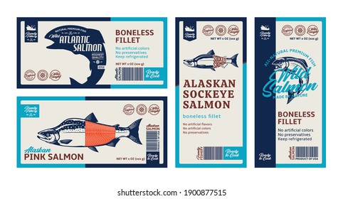 Vector Salmon Horizontal And Vertical Labels. Atlantic, Chinook, Sockeye And Pink Salmon Fish Illustrations. Seafood Labels For Fisheries, Groceries, Packaging And Advertising