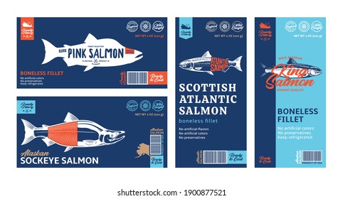 Vector salmon horizontal and vertical modern style labels. Atlantic, sockeye, chinook and pink salmon fish illustrations