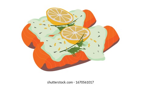 Vektorillustration Lachs mit Zitronencreme-Sauce