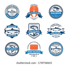 Vector salmon logo. Salmon fish illustrations, raw steaks, and fillet. Modern style seafood labels