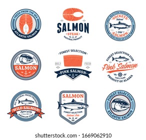 Vector salmon logo on a white background. Salmon fish illustrations, raw steaks and fillet. Modern style seafood labels