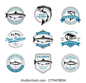 Vector salmon logo on a white background. Atlantic, wild, sockeye and pink salmon fish illustrations