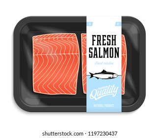 Vector salmon packaging illustration. Black foam tray with plastic film mockup. Modern style fish label.