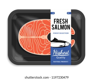 Vector salmon packaging illustration. Black foam tray with plastic film mockup. Modern style fish label.