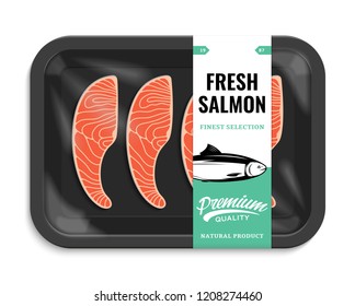 Vector salmon packaging illustration. Black foam tray with plastic film mockup. Modern style fish label.