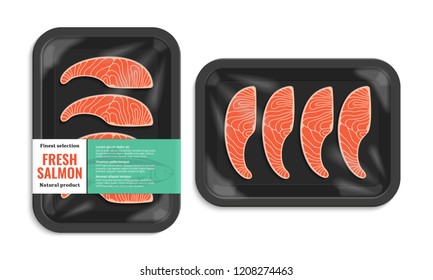 Vector salmon packaging illustration. Black foam tray with plastic film mockup. Modern style fish label.