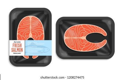 Vector salmon packaging illustration. Black foam tray with plastic film mockup. Modern style fish label.