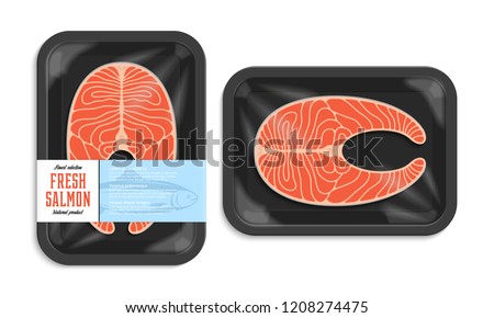 Vector salmon packaging illustration. Black foam tray with plastic film mockup. Modern style fish label.