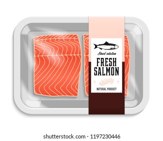 Vector salmon packaging illustration. White foam tray with plastic film mockup. Modern style fish label.