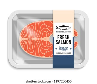 Vector salmon packaging illustration. White foam tray with plastic film mockup. Modern style fish label.