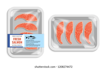 Vector salmon packaging illustration. White foam tray with plastic film mockup. Modern style fish label.