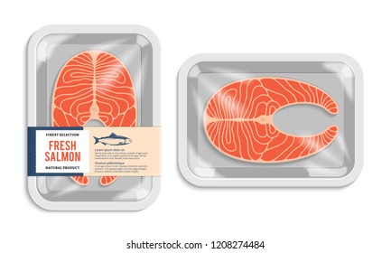 Vector salmon packaging illustration. White foam tray with plastic film mockup. Modern style fish label.