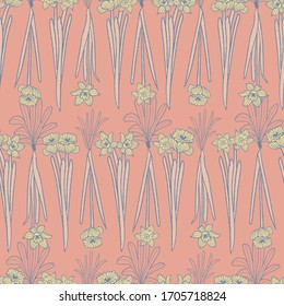Vector salmon pink spring seamless pattern of hand drawn yellow daffodils with leaves. Perfect for fabric, wedding design, packaging easter, scrapbooking, background, projects.	