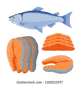 Conjunto de salmón de Vector - pescado con trozos de mariscos en rodajas. Pescado fresco del mar, filete de naranja. Comida gourmet en estilo de dibujos animados.