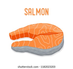 Vector salmon set - sliced pieces of seafood. Fresh fish from sea, orange fillet. Gourmet meal in cartoon style.