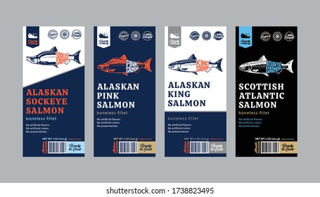 Vector salmon vertical labels. Atlantic, chinook, sockeye, and pink salmon fish illustrations. Modern style seafood labels