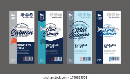 Vector Salmon Vertical Labels. Wild, Chinook, Sockeye, And Pink Salmon Fish Illustrations. Seafood Labels For Groceries, Fisheries, Packaging, And Advertising