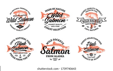 Vector salmon vintage logo on a white background. Atlantic, chinook, sockeye and pink salmon fish illustrations for groceries, fisheries, packaging, and advertising