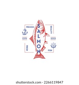 Vector salmon vintage logo on a white background. Atlantic, chinook, sockeye and pink salmon fish illustrations for groceries, fisheries, packaging, and advertising