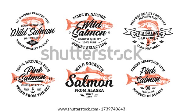 Vector salmon\
vintage logo on a white background. Atlantic, chinook, sockeye and\
pink salmon fish illustrations for groceries, fisheries, packaging,\
and advertising