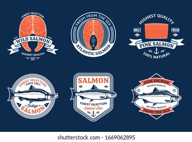 Vector salmon white and orange logo on a blue background. Atlantic, chinook, sockeye and pink salmon fish illustrations, raw steaks and fillet. Modern style seafood labels