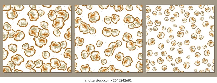 Vetor Padrões sem emenda de pipoca salgada, três fundos decorativos com pipoca para roupas de cama de crianças, 3 cartazes quadrados com grupo de grãos de pipoca de postura plana para o interior da casa em fundo branco