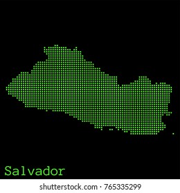 Vector Salvador map dotted silhouette with green dots on a black background (as on old ancient computers running DOS)