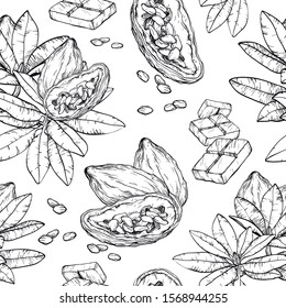 Vector Samless pattern with hand drawn chocolate, cocoa plant branch. Black and white
