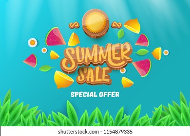 vector sammer sale horizontal creative banner with text, summer green grass, flying fresh lemons, flowers and slice of watermelon. Creative 3d summer shopping horizontal poster or label