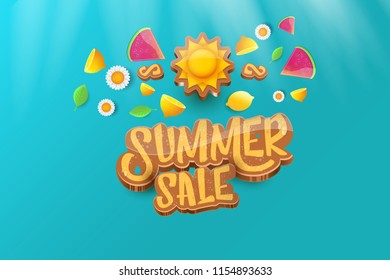 vector sammer sale horizontal creative banner with text, summer green grass, flying fresh lemons, flowers and slice of watermelon. Creative 3d summer shopping horizontal poster or label