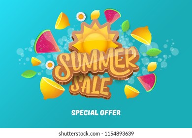 vector sammer sale horizontal creative banner with text, summer green grass, flying fresh lemons, flowers and slice of watermelon. Creative 3d summer shopping horizontal poster or label