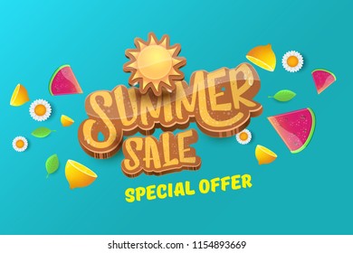 vector sammer sale horizontal creative banner with text, summer green grass, flying fresh lemons, flowers and slice of watermelon. Creative 3d summer shopping horizontal poster or label