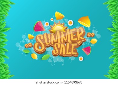 vector sammer sale horizontal creative banner with text, summer green grass, flying fresh lemons, flowers and slice of watermelon. Creative 3d summer shopping horizontal poster or label