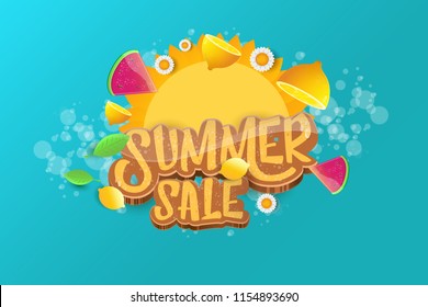 vector sammer sale horizontal creative banner with text, summer green grass, flying fresh lemons, flowers and slice of watermelon. Creative 3d summer shopping horizontal poster or label
