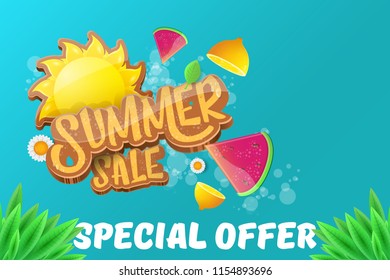 vector sammer sale horizontal creative banner with text, summer green grass, flying fresh lemons, flowers and slice of watermelon. Creative 3d summer shopping horizontal poster or label