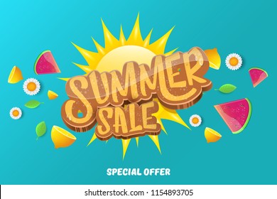 vector sammer sale horizontal creative banner with text, summer green grass, flying fresh lemons, flowers and slice of watermelon. Creative 3d summer shopping horizontal poster or label